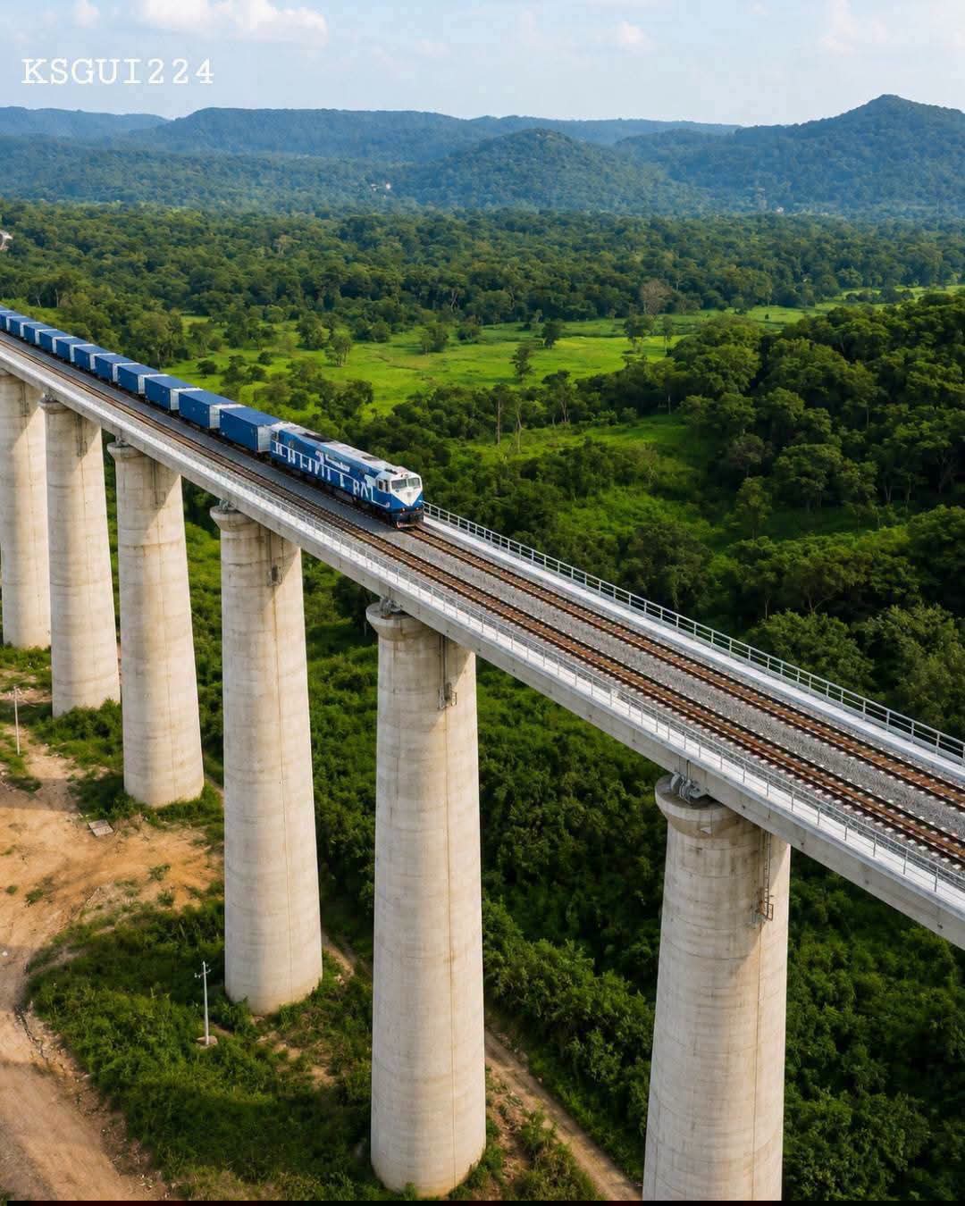 Aerial view of a blue freight train traveling across a high concrete railway viaduct over a lush green forest landscape in Guinea.